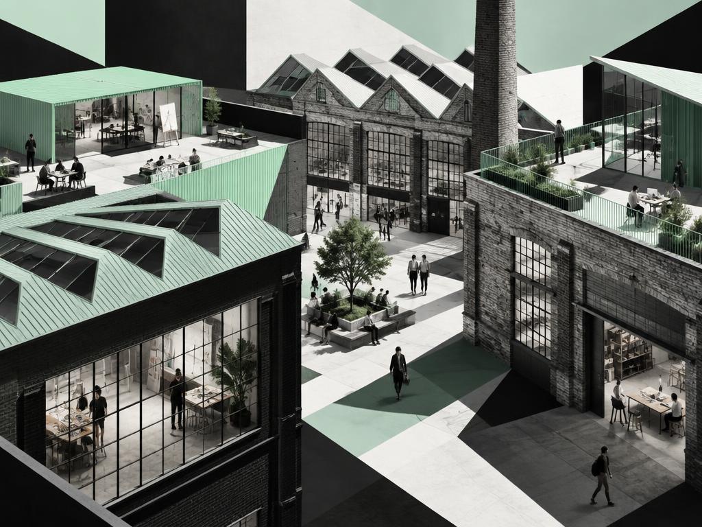 Conceptuele verbeelding van creatieve werkplekken in een industriële omgeving