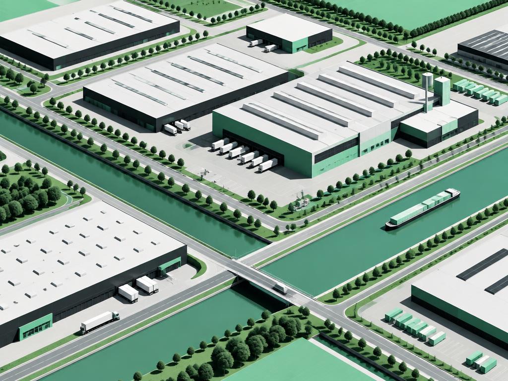 Conceptuele verbeelding van productiehallen en logistieke routes