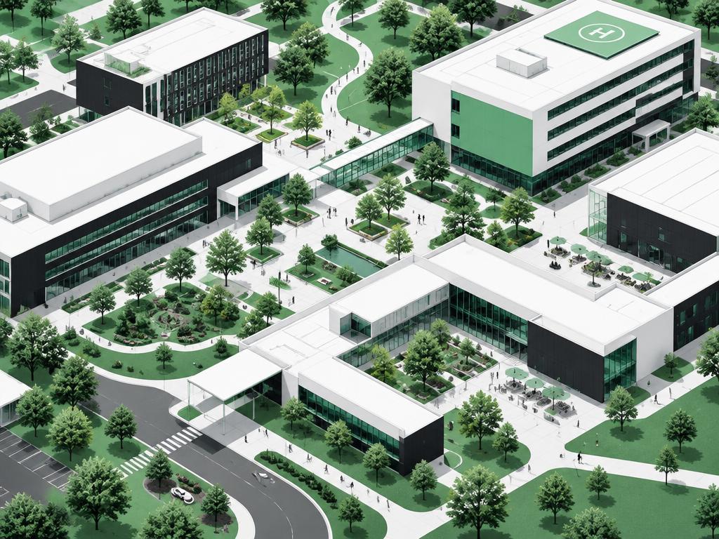 Conceptuele verbeelding van een zorgcampus met verbonden gebouwen