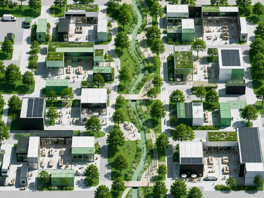 Conceptuele verbeelding van modulaire werkplekken in een groene bedrijfsomgeving